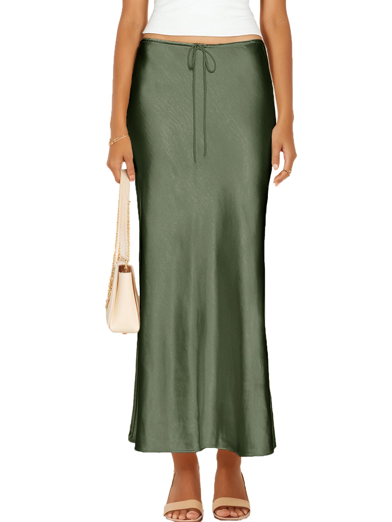 Womens Satin Silk Maxi Skirts Drawstring Flared Casual A-Line Long Skirt for Women