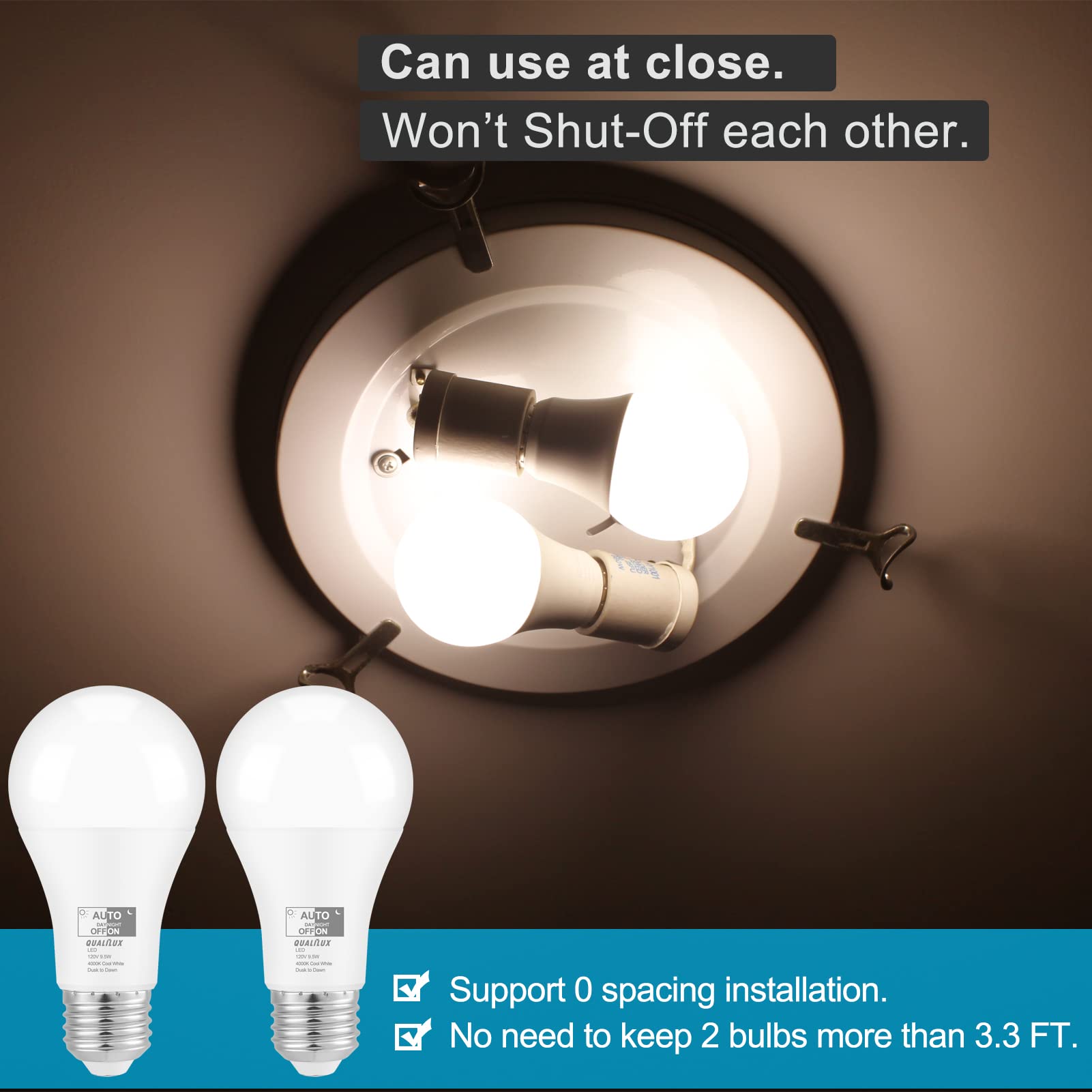 Qualilux Dusk to Dawn A19 LED Light Bulbs 850LM, 60W Equivalent, Daylight, Energy-Efficient 9.5W, A19, E26 Base, 2-Pack, HQ-H011