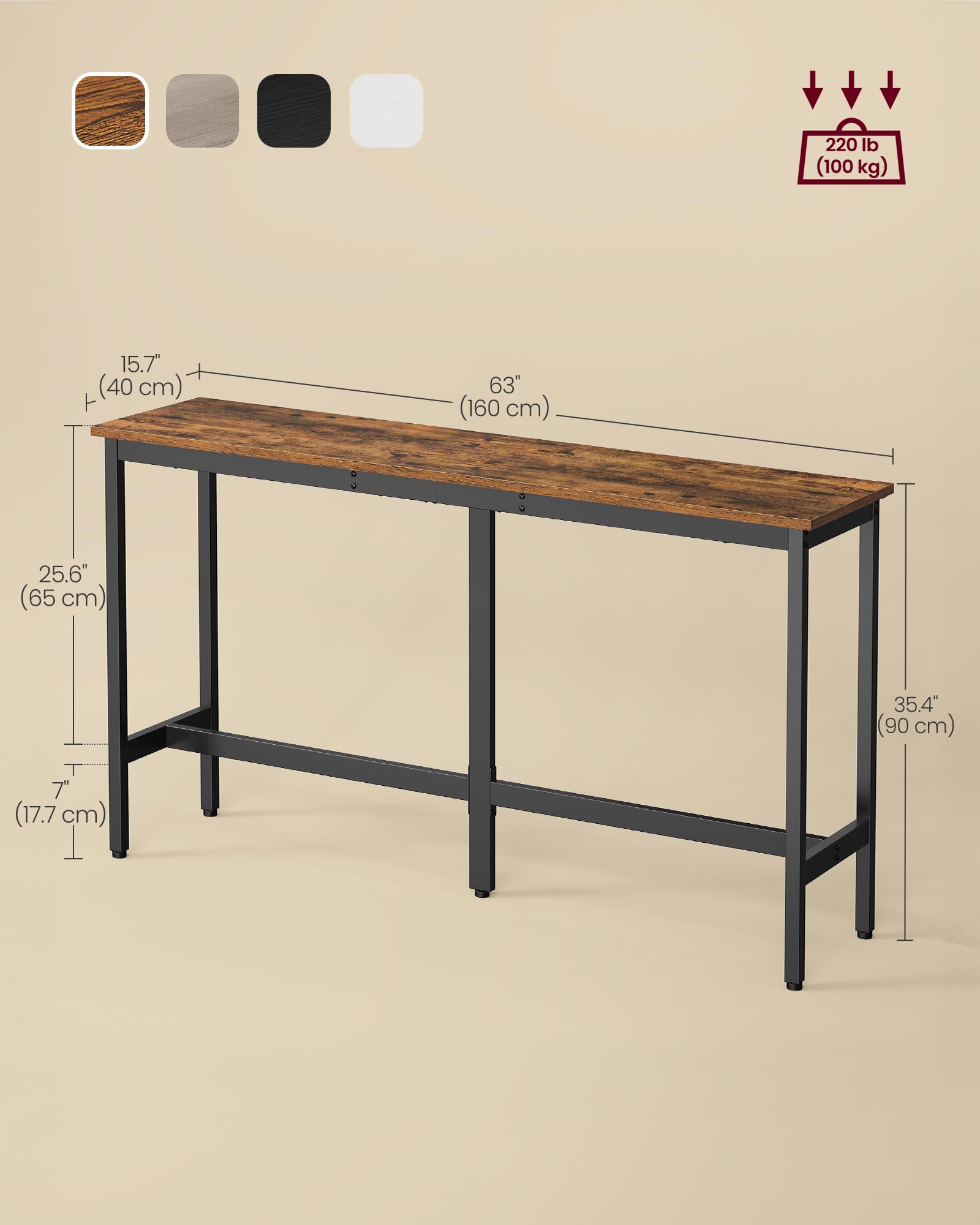 VASAGLE Bar Table, Kitchen Dining Table, High Top Pub Table, Bar Height Cocktail Table for Living Room Party, Sturdy Metal, 15.7 x 39.4 x 35.4 Inches for Narrow Spaces, Ebony Black and Ink Black