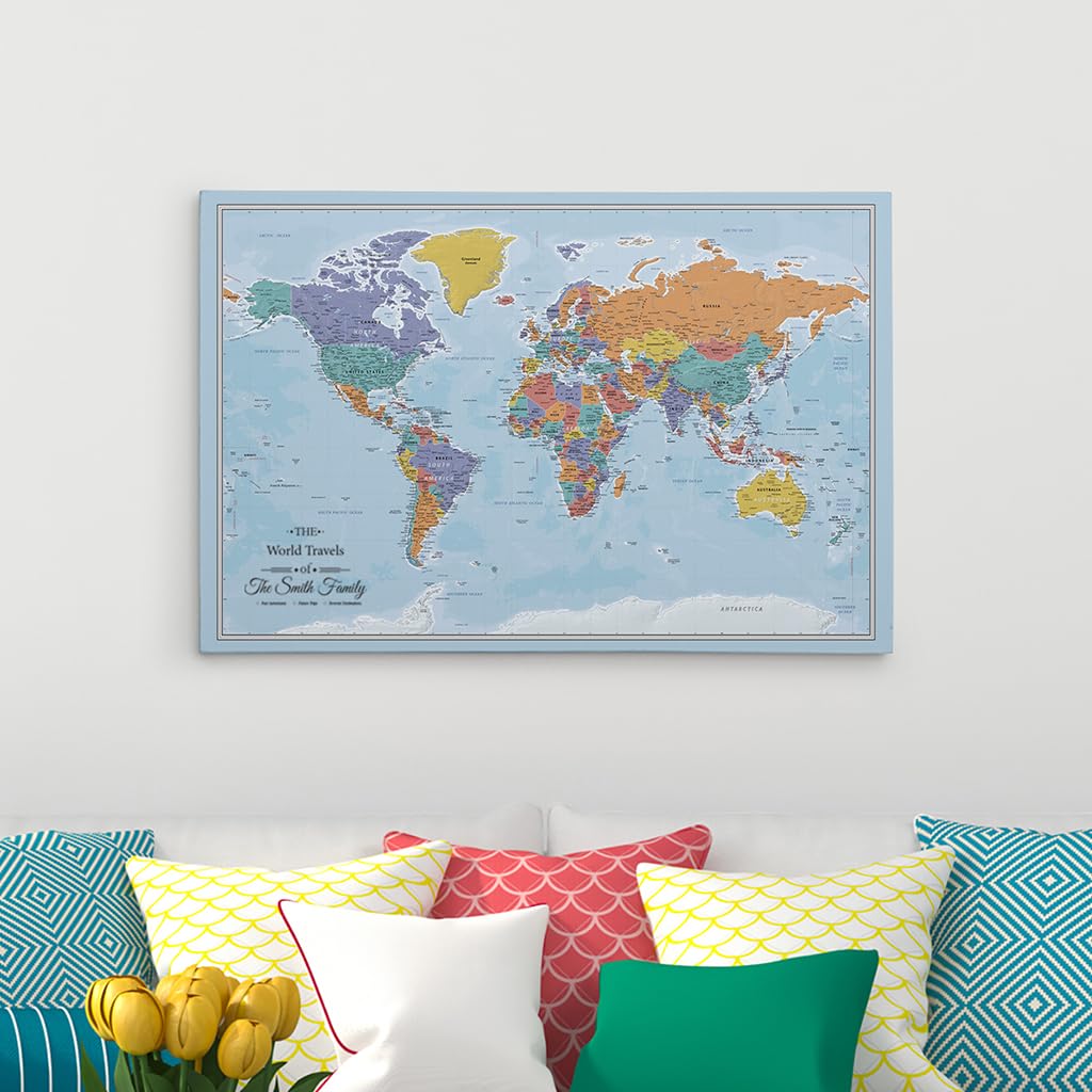 Personalized Canvas Rolled Poster World Map Wall Art with Pins – Large 24" x 36" Blue Oceans Map of the World – Push Pin Travel Decor for Home or Office