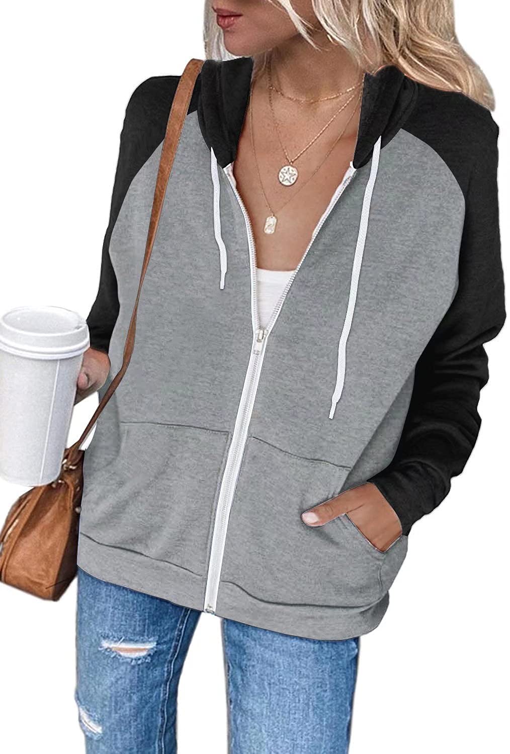 EZBELLE Women's Color Block Zip Up Hoodie Sweatshirt Casual Long Sleeve Jacket Sweater with Pockets