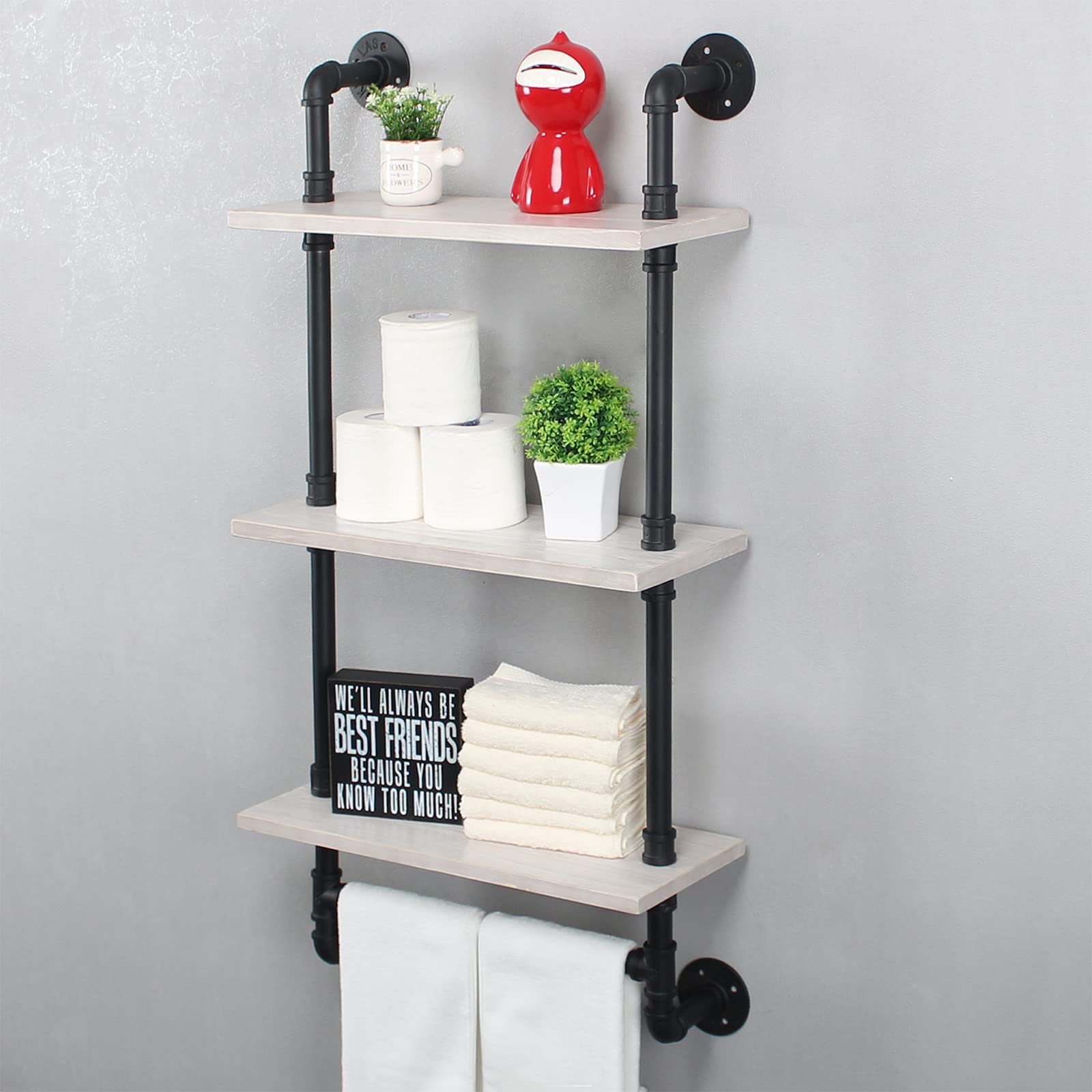 MBQQ Industrial Pipe Shelf Bathroom Shelves Wall Mounted,19.6in Rustic Wood Shelf with Towel Bar,1 Tier Farmhouse Towel Rack,Pipe Shelving Floating Shelves Towel Holder,Black & White