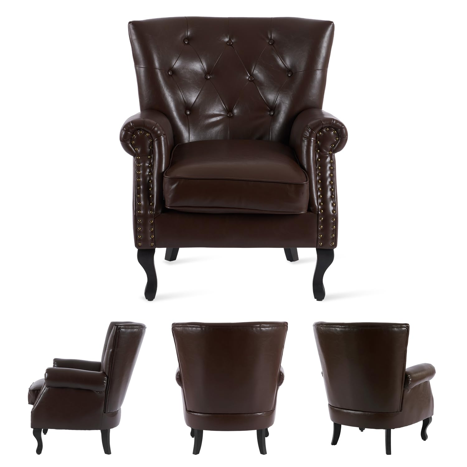 MOJAY PU Leather Accent Chair, Mid-Century Modern Armchair Living Room Club Chair with Tufted Button & Rivet Trim, Upholstered Sofa Chair with Sturdy Wood Legs for Bedroom (Black)