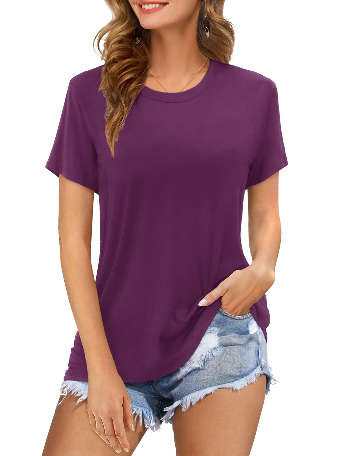 Womens Short Sleeve T Shirts Crewneck Summer Trendy Solid Basic Tee Tops Casual Summer Loose Fit Shirts