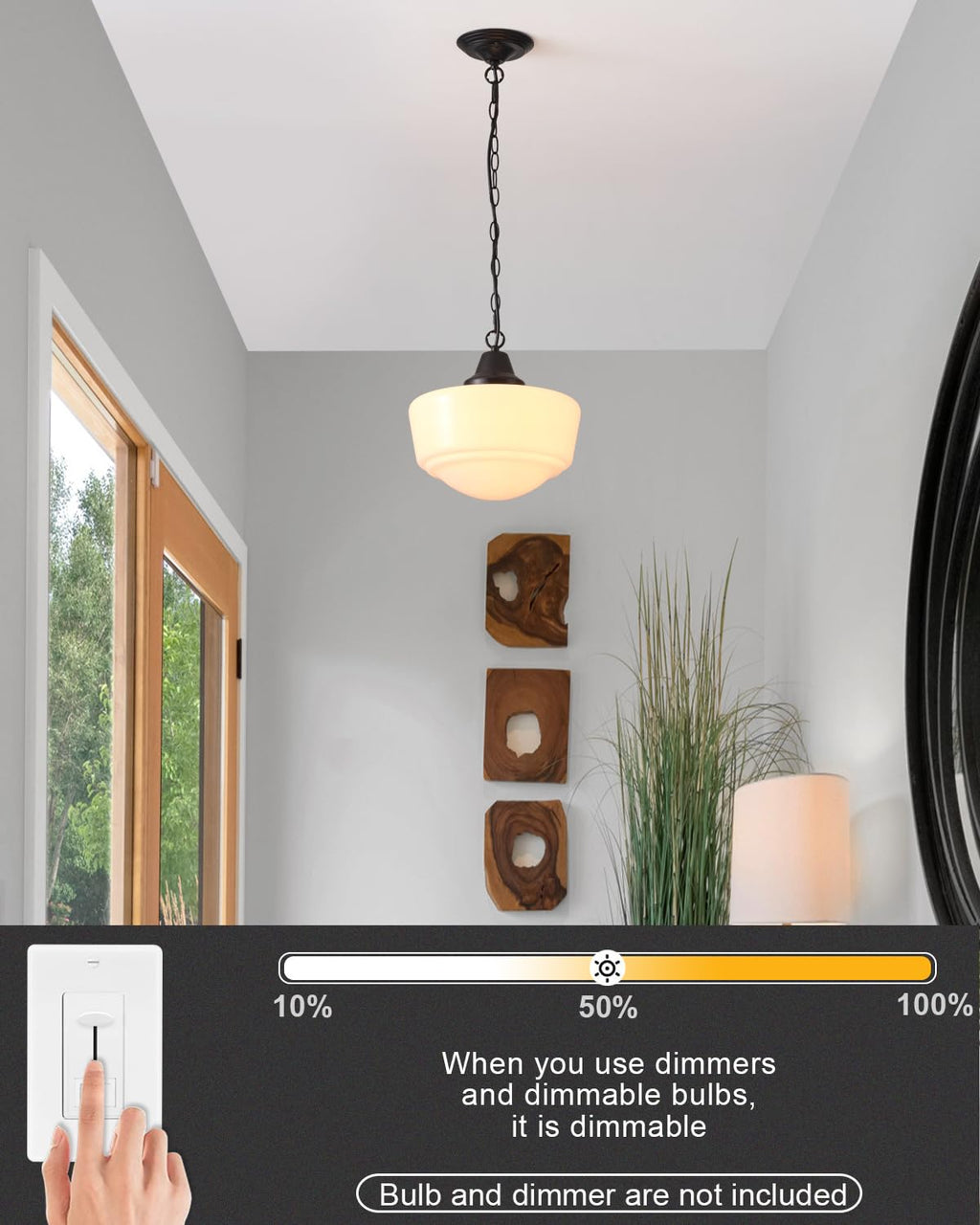 Schoolhouse Light Fixture, 12 Inch Black Finish with Milk Glass Semi Flush Mount Ceiling Light, Ceiling Light Fixture for Kitchen Hallway Entryway (Type C Pendant Light)