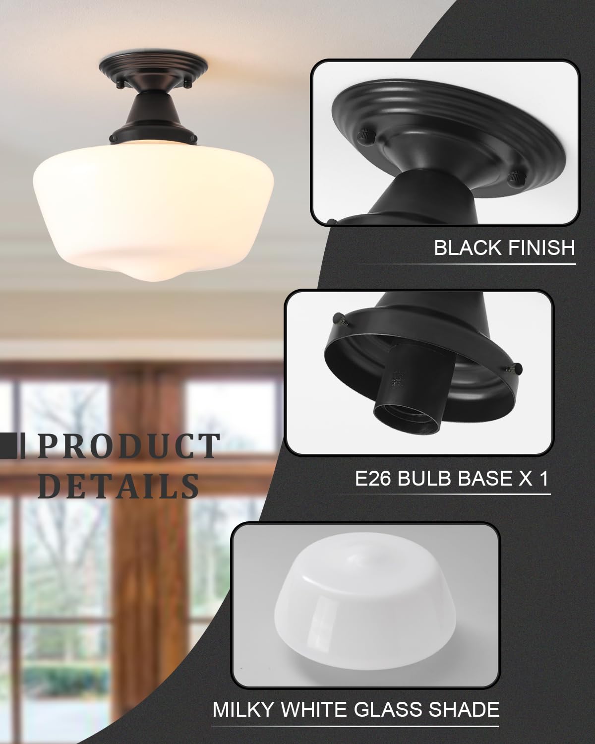 Schoolhouse Light Fixture, 12 Inch Black Finish with Milk Glass Semi Flush Mount Ceiling Light, Ceiling Light Fixture for Kitchen Hallway Entryway (Type C Pendant Light)