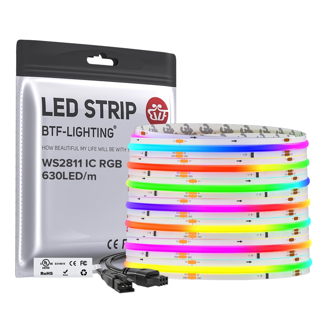 BTF-LIGHTING WS2811 Smart IC RGB FCOB COB LED Strip, UL Listed 630LEDs/m High Density Color Chasing Uniform Light, DC12V 12FT 10mm Width Tape Light for Home Party DIY Decor(No Adapter or Controller)