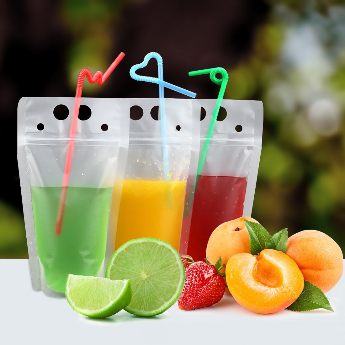 100 Pcs Drink Pouches with 100 Straw Holes, Freezable Juice Pouches, Translucent Reclosable Zipper Plastic Pouche Drink Bags for Cold & Hot Drinks for Adults and Kids World Cup Party