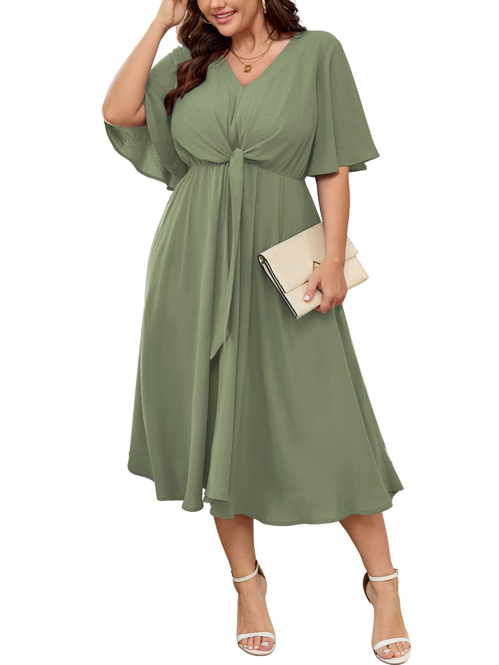 SCOMCHIC Women Plus Size Midi Dresses Wedding Guest Short Sleeve V Neck Tie Waist Casual Summer Flowy A Line Dress