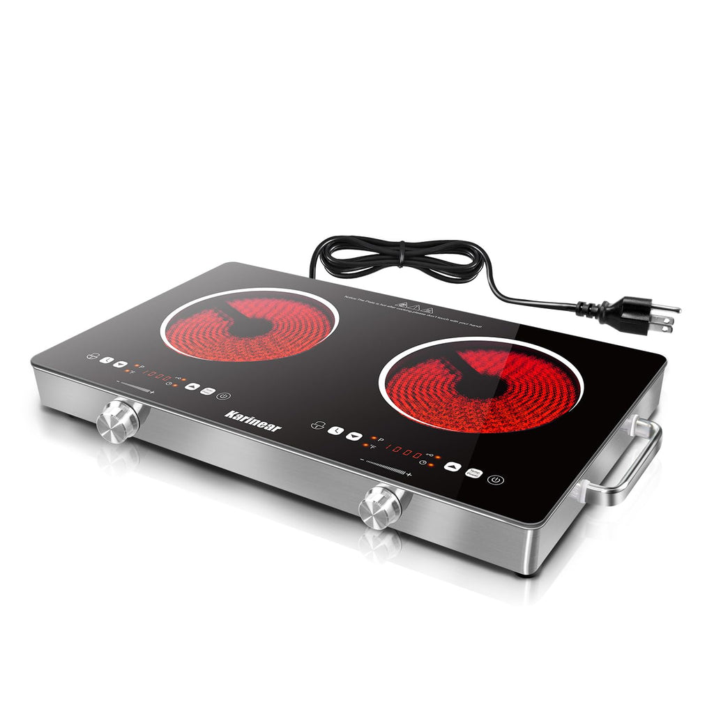 Karinear Portable Electric Stove 110V, 1800W Electric Hot Plate with Handle, Knob Control Single Burner Electri Cooktop, Ceramic Infrared Countertop Burner, Timer, Safety Lock(Green)