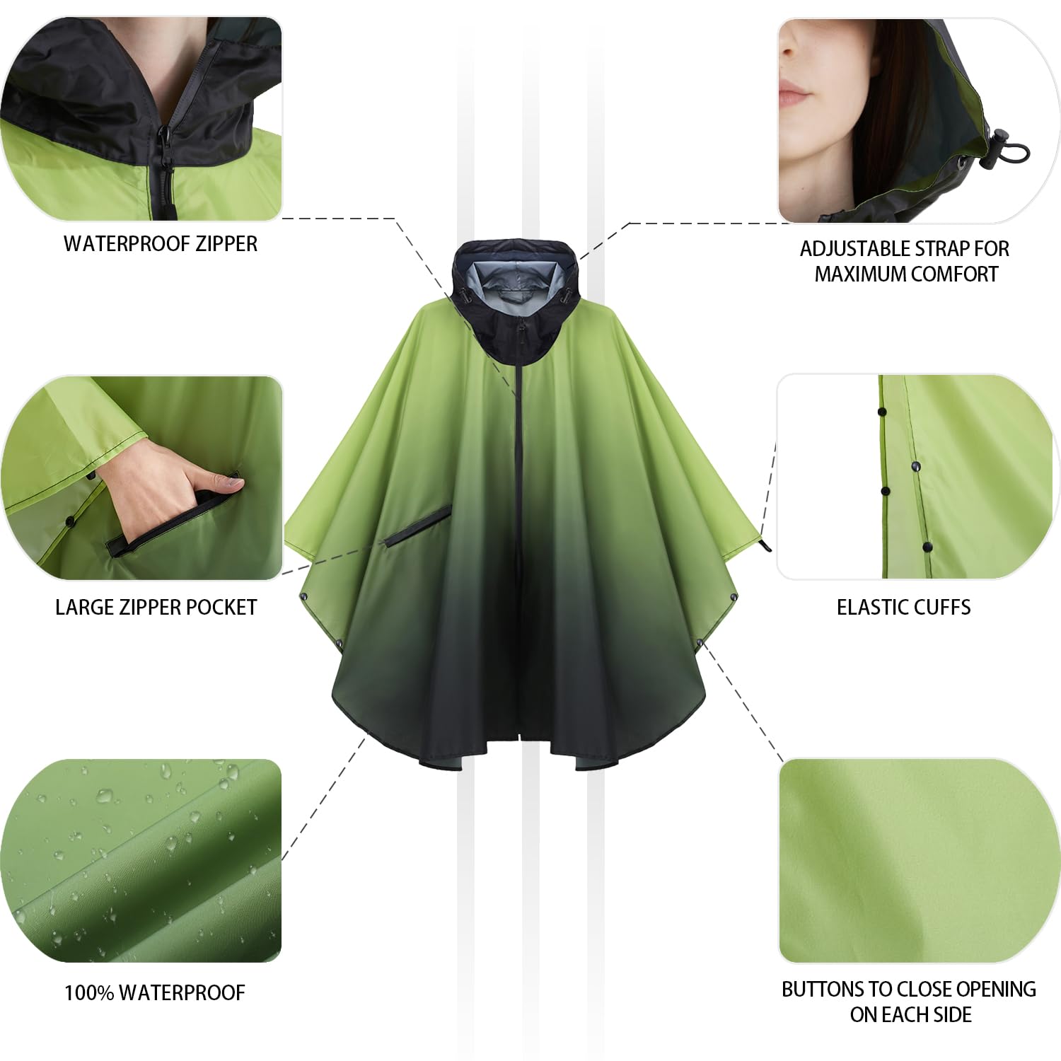 Rain Poncho Jacket Coat Hooded Zipper Style for Women/Men/Adult with Pocket
