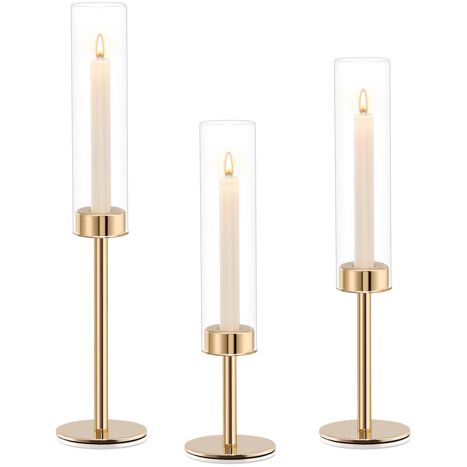 Black Hurricane Glass Candle Holders Set of 3, Tall Metal Taper Candle Stick Holder, Clear Candlestick Holders, Table Centerpieces Decor for Dining Dinner, Weddings, Christmas Fireplace Decorations