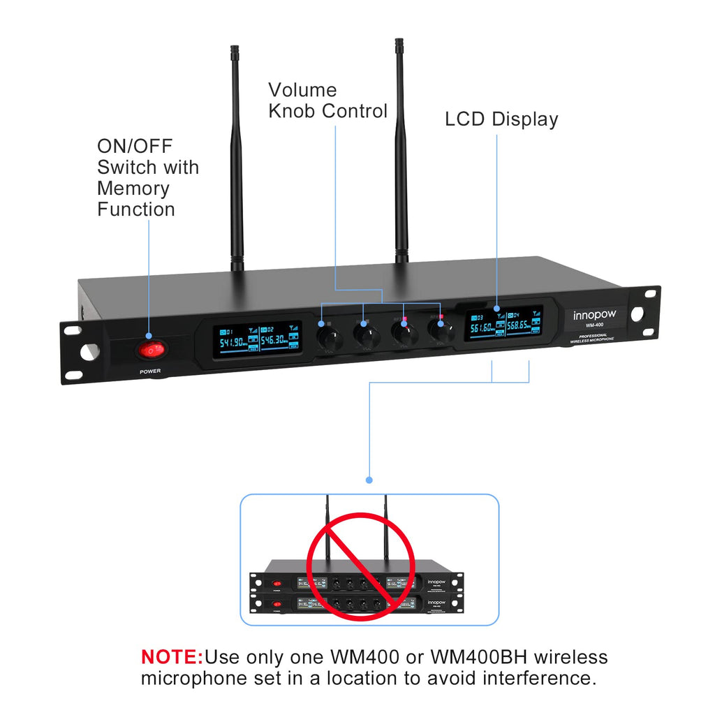 innopow 4-Channel Wireless Microphone System, Quad UHF Metal Cordless Mic, 2 Handheld Mics, 2 Bodypack Mics, Long Distance150-200Ft, Fixed Frequency, 16 Hours Use for Karaoke Singing, Church