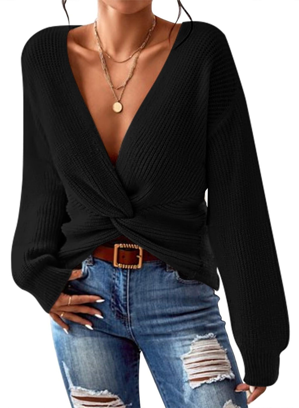 Pink Queen Women's 2026 Twist Knot Cropped Sweater V Neck Long Sleeve Knit Pullover Top Casual Fall Fashion Clothes
