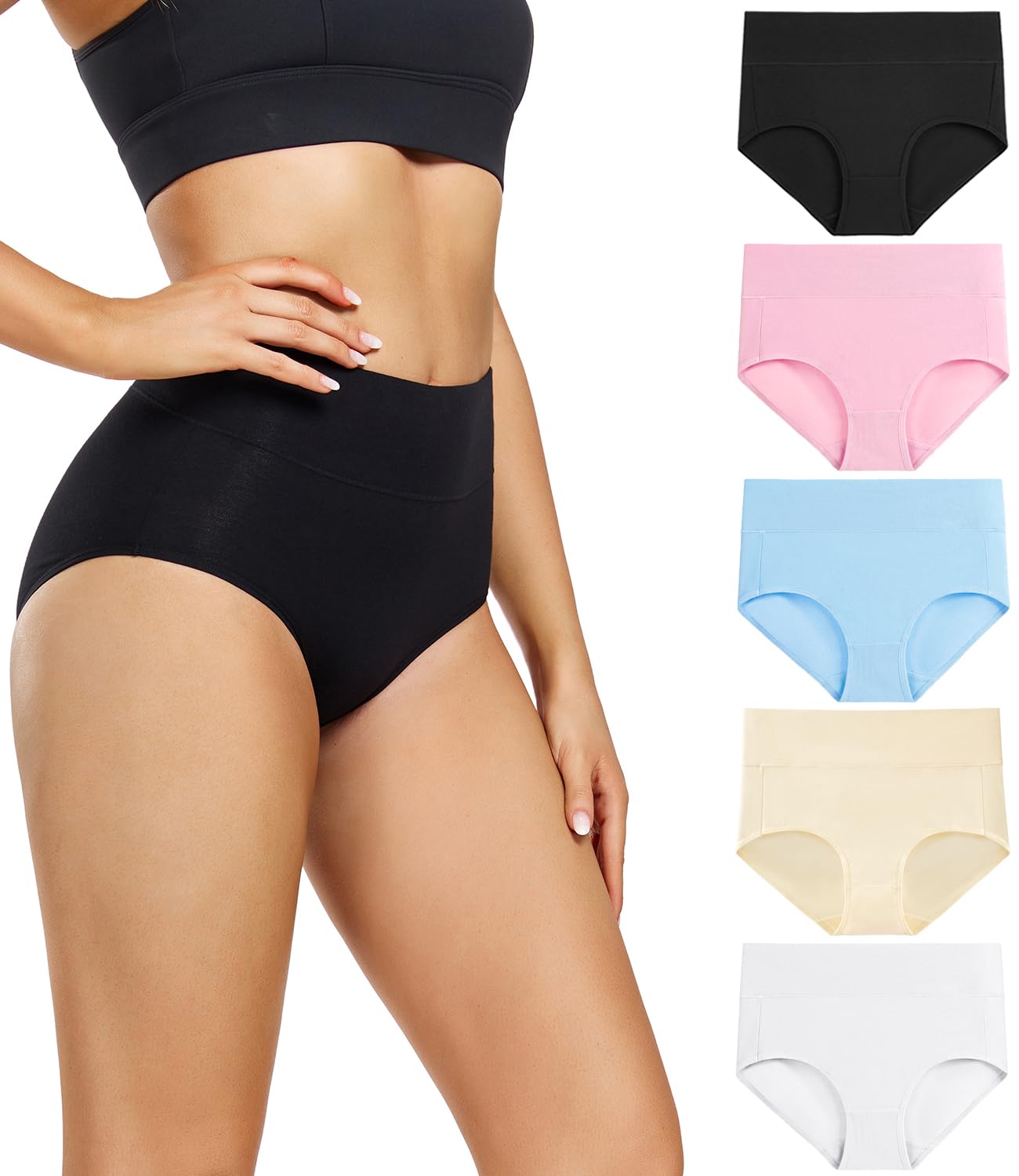 wirarpa Women's High Waisted Cotton Briefs Ladies Underwear Regular & Plus Size Panties 5 Pack