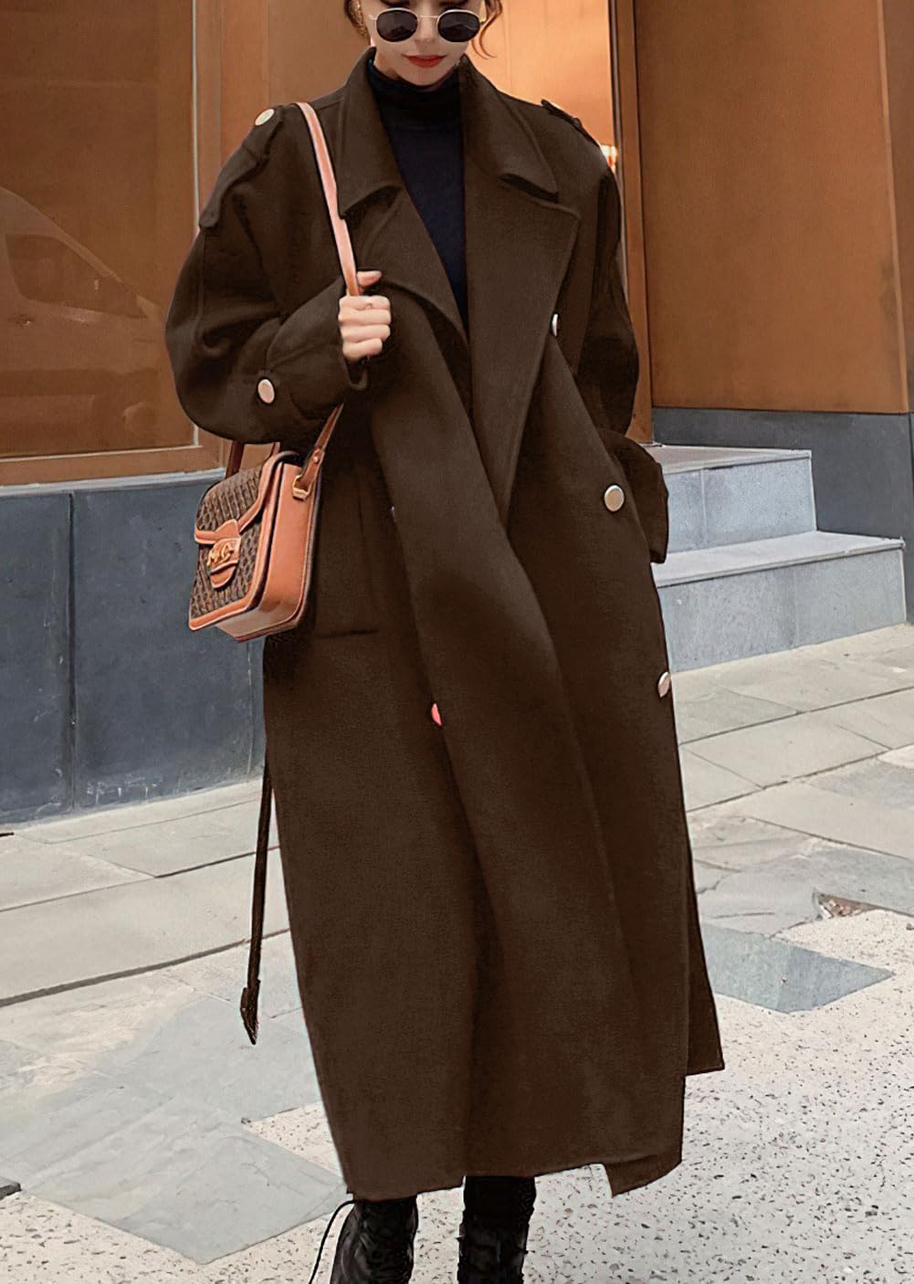 chouyatou Women's Winter Double Breasted Midi Long Wool Pea Coat Notch Lapel Winter Trench Coat