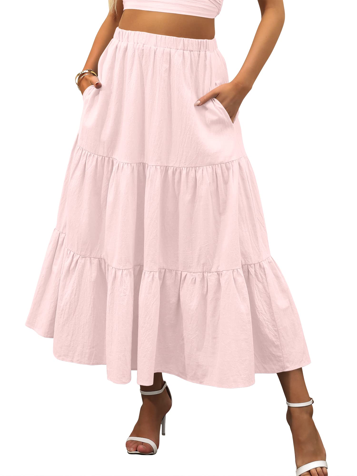 ANRABESS Women’s Summer Boho Flowy Swing Tiered A-Line Maxi Skirt 2026 Fashion Trendy Elastic Waist Pleated Long Beach Dress