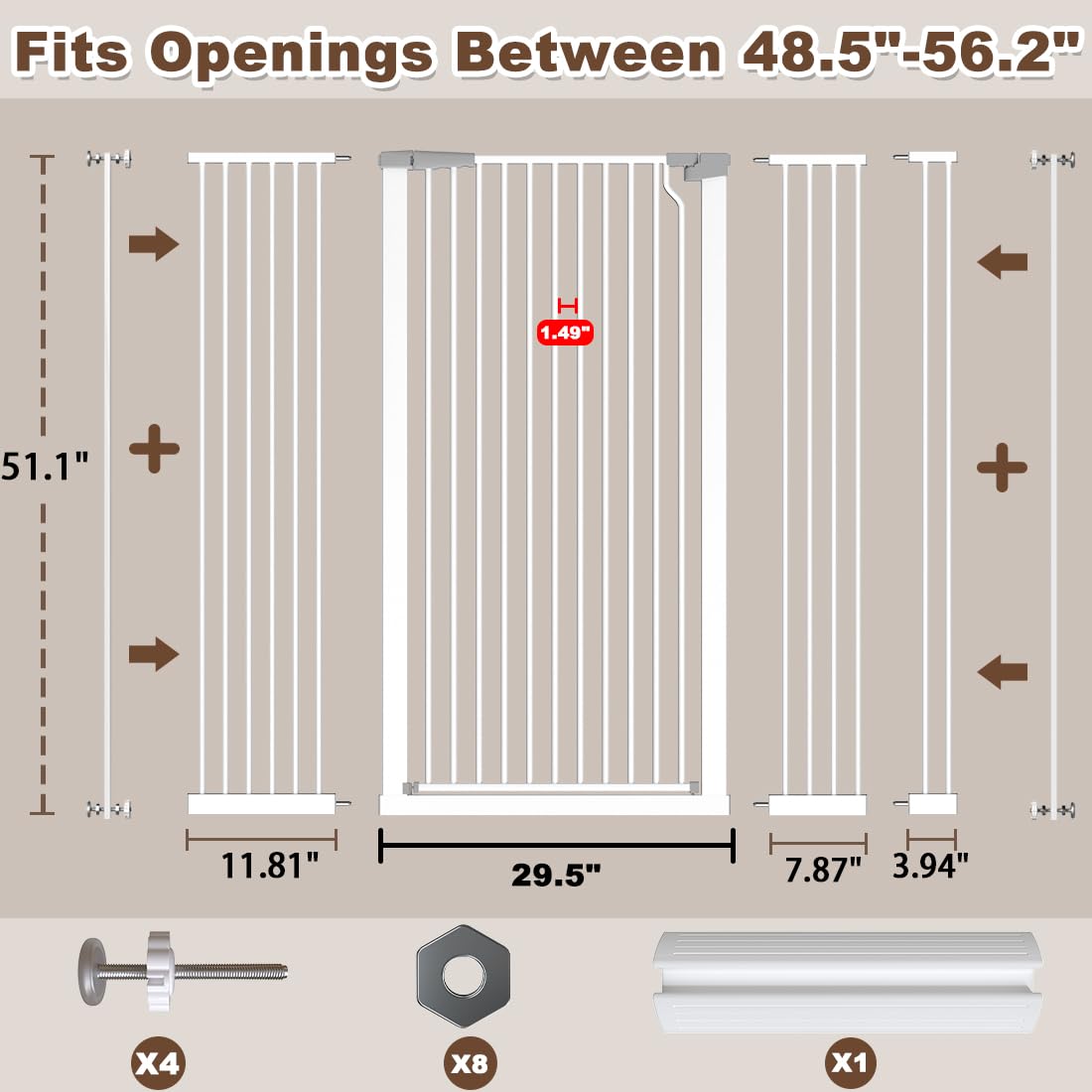 Fairy Baby 51.1" Extra Tall Pet Gate, 29.5"-32.6" Adjustable Width Auto Close Encrypted Tall Dog Gate, Cat Proof Metal Gate Indoor for Doorway Hallways, Pressure Mounted Child Safety Gates, Black