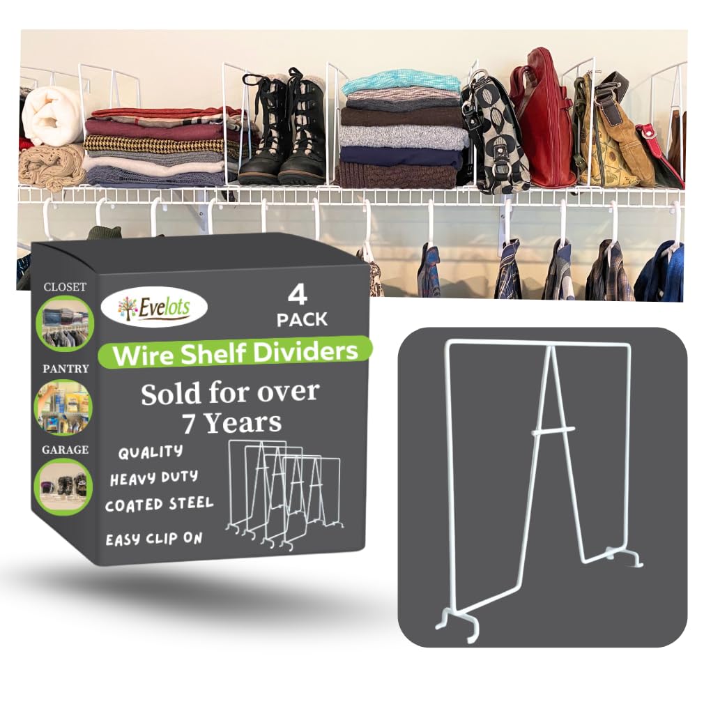 Evelots Wire Shelf Dividers - Extra Closet Organization and Storage for Home or Office -4 Pack- New Removable Hooks - Tall Shelf Separators - Easy to Clip -No Tool- Sturdy Coated Steel - 12 Inch Tall