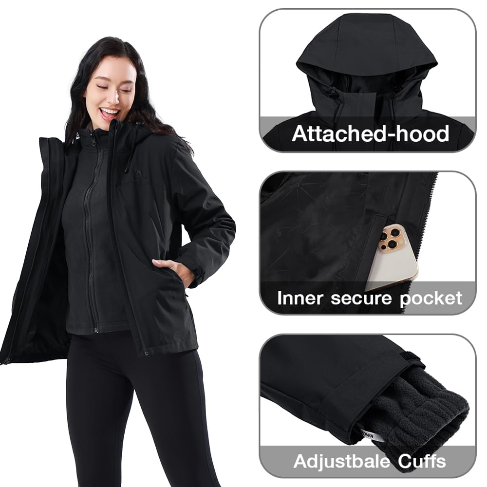CAMEL CROWN Women's Ski Jacket Waterproof 3 in 1 Winter Coat with Fleece Inner Warm Windproof For Snow Outdoor Hiking