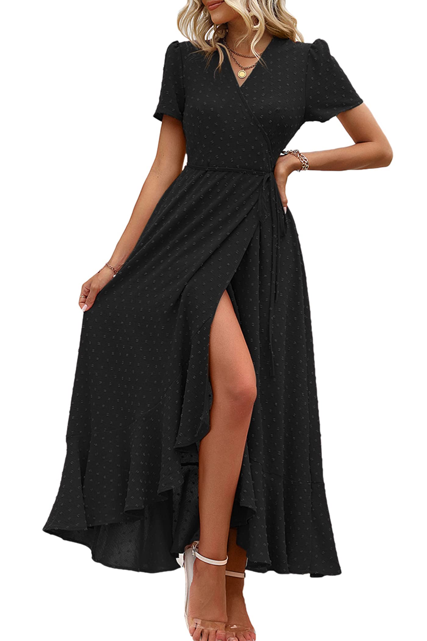 PRETTYGARDEN Women's Boho Floral Maxi Dress Summer Short Sleeve Wrap V Neck Long Flowy Beach Vacation Wedding Guest Dresses