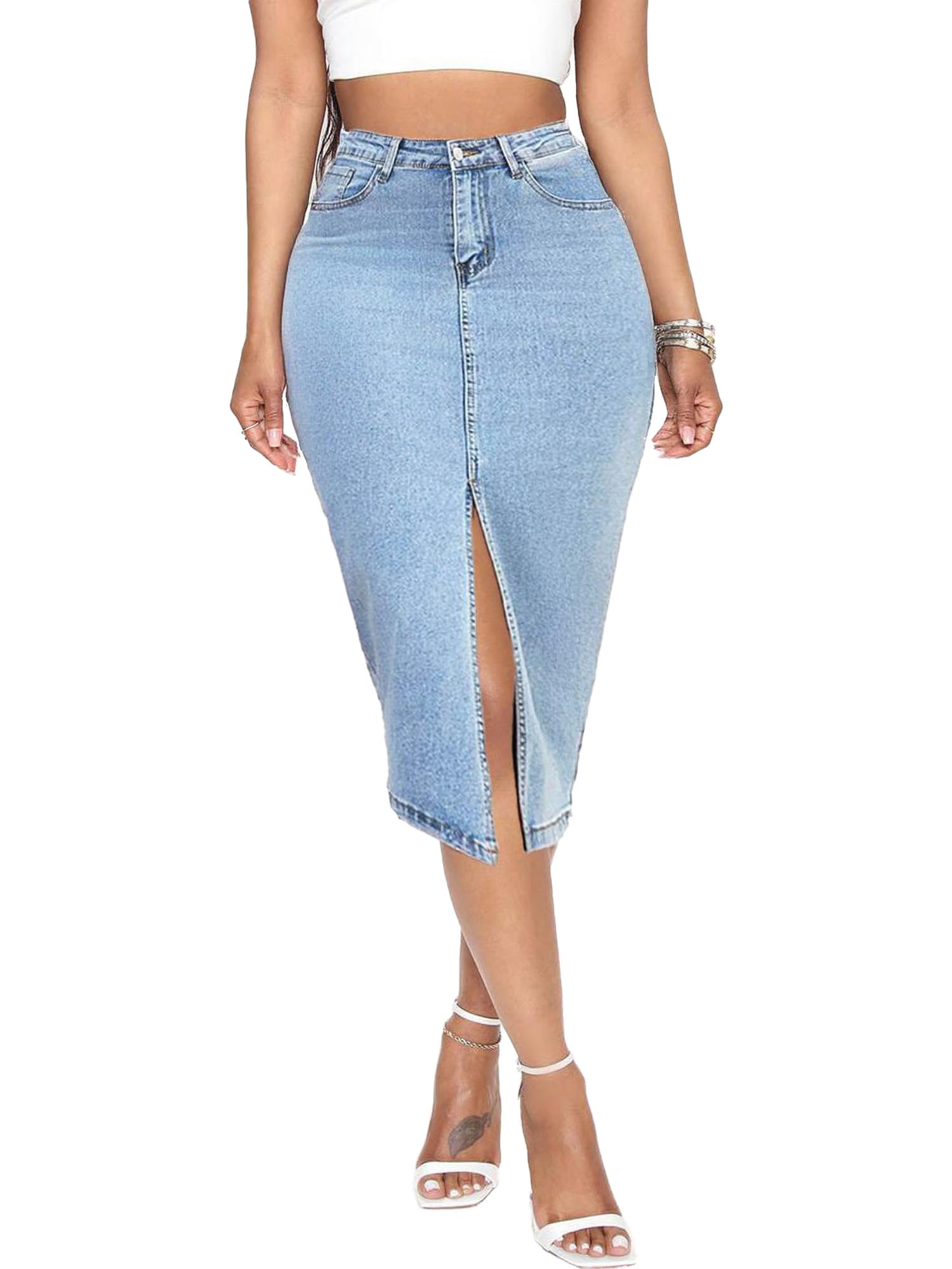 Jean Skirt for Women Denim Skirt High Waist Stretch Midi Denim Skirts with Pockets
