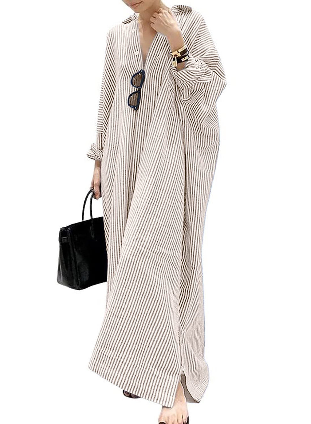 utcoco Womens Striped Long Sleeve Dress Casual Loose Button Down Cotton Maxi Shirt Dress