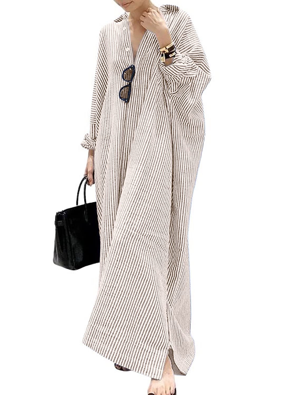utcoco Womens Striped Long Sleeve Dress Casual Loose Button Down Cotton Maxi Shirt Dress