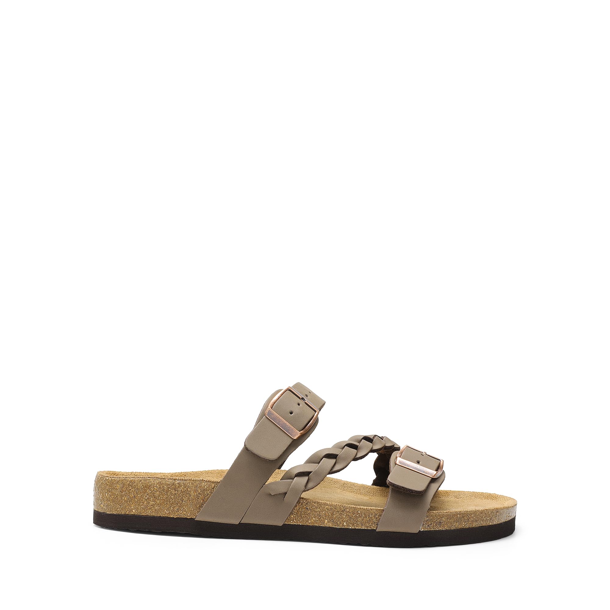 DREAM PAIRS Women's Slides Soft Cork Footbed Sandals Comfortable Walking Slip-on Flat Sandals Arch Support Adjustable Buckle Braided Straps Slippers