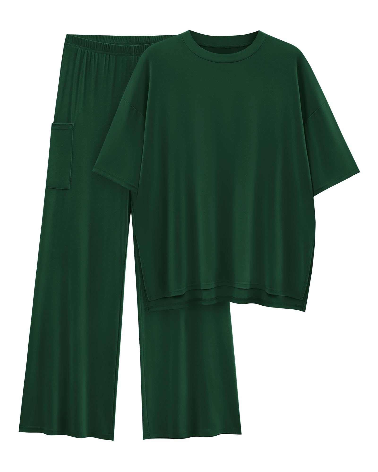 KIRUNDO 2 Piece Lounge Sets for Women Airport Travel Vacation Outfits Summer Casual Loose Short Sleeve Tops & Wide Leg Pants
