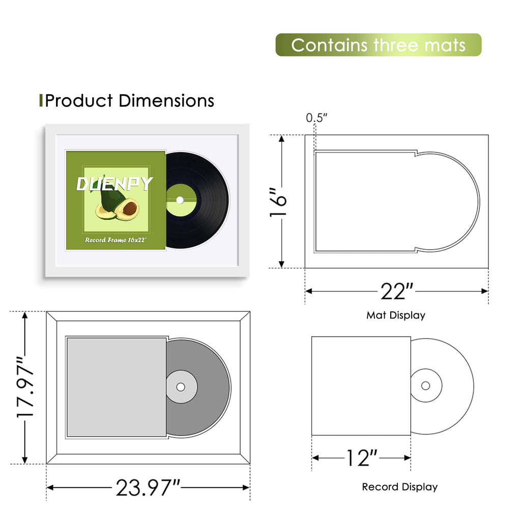 DUENPY Vinyl Record Display Frame 16x22 Inches Display Record Album and 12.5x12.5 Album Cover Art（Black Bottom Mat） Wall Mount