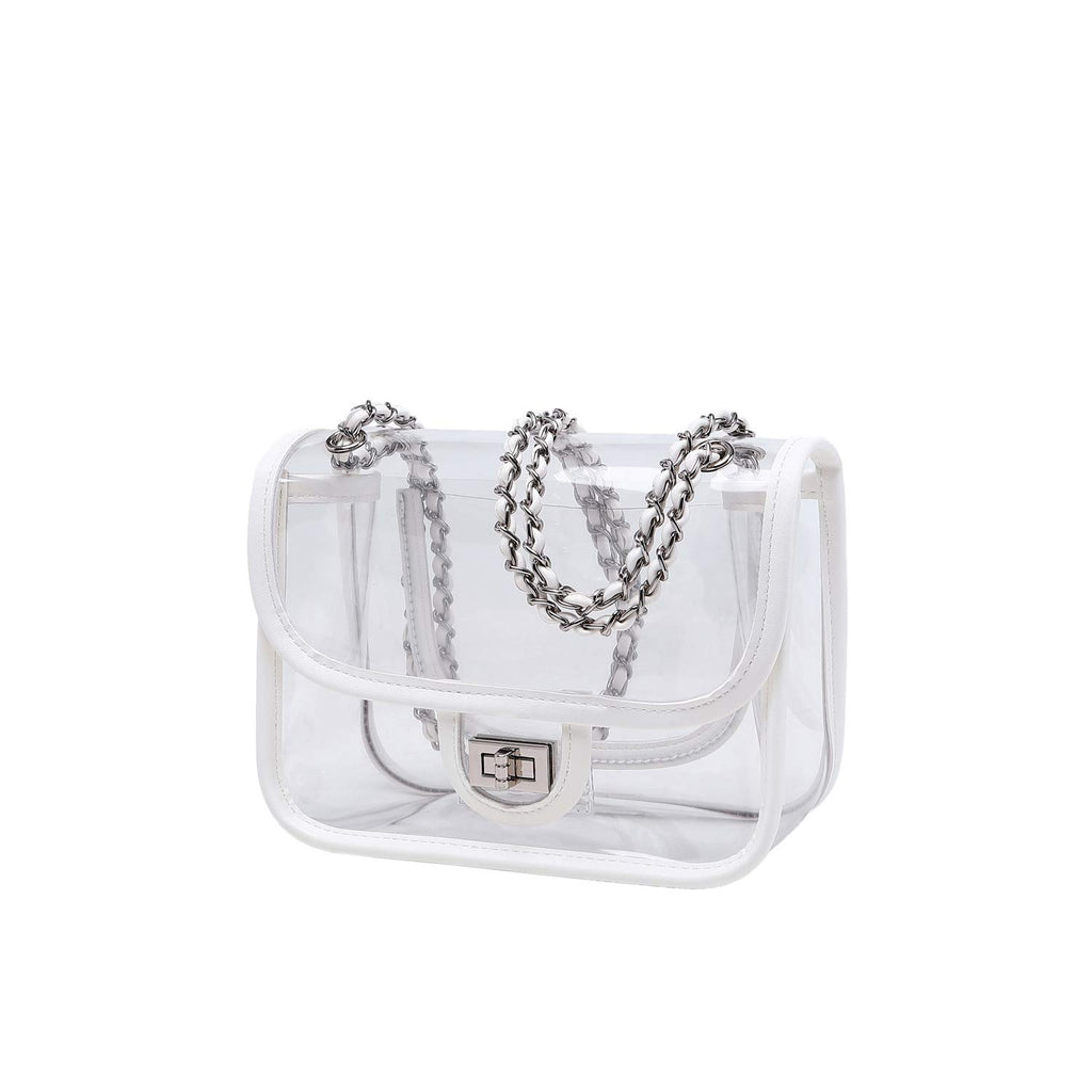 Womens PVC Clear Purse Handbag with Chain Stadium Approved Clear Bag See Through Bag for Working and Concert