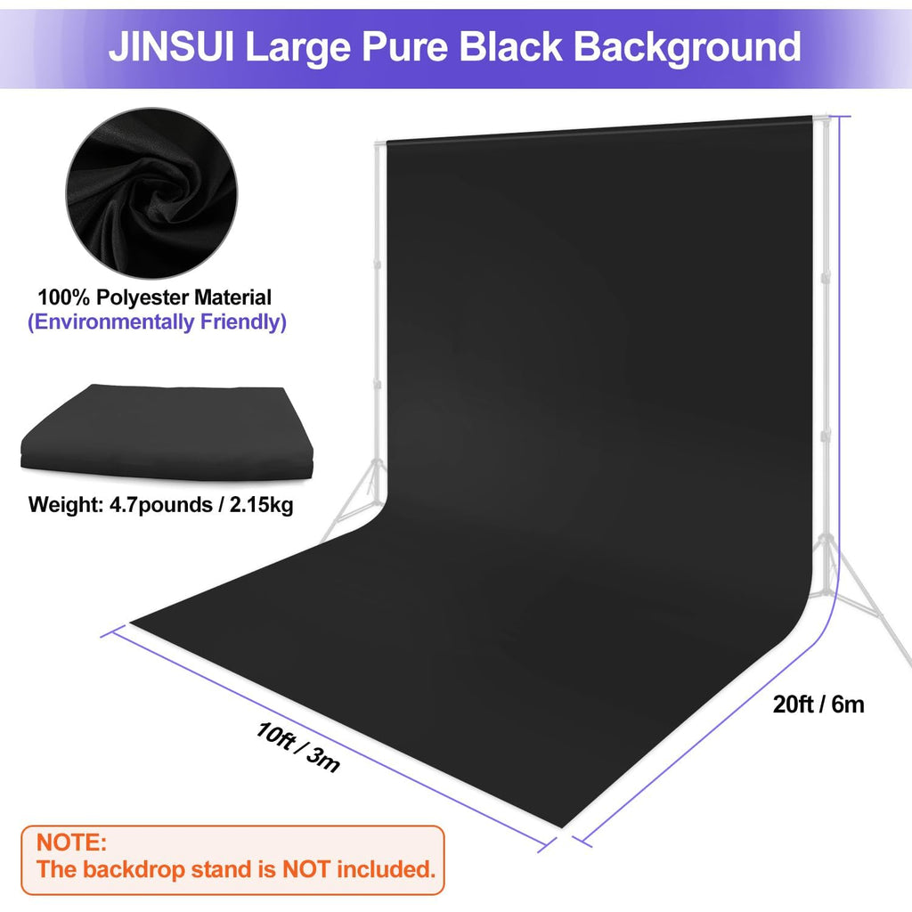 Black Backdrop 10x10ft, Photo Backdrop Curtain for Photoshoot, Pure Photographic Studio Backgrounds, Thick Polyester Fabric Photography Black Screen for Party Portraits Video Recording (Backdrop Only)