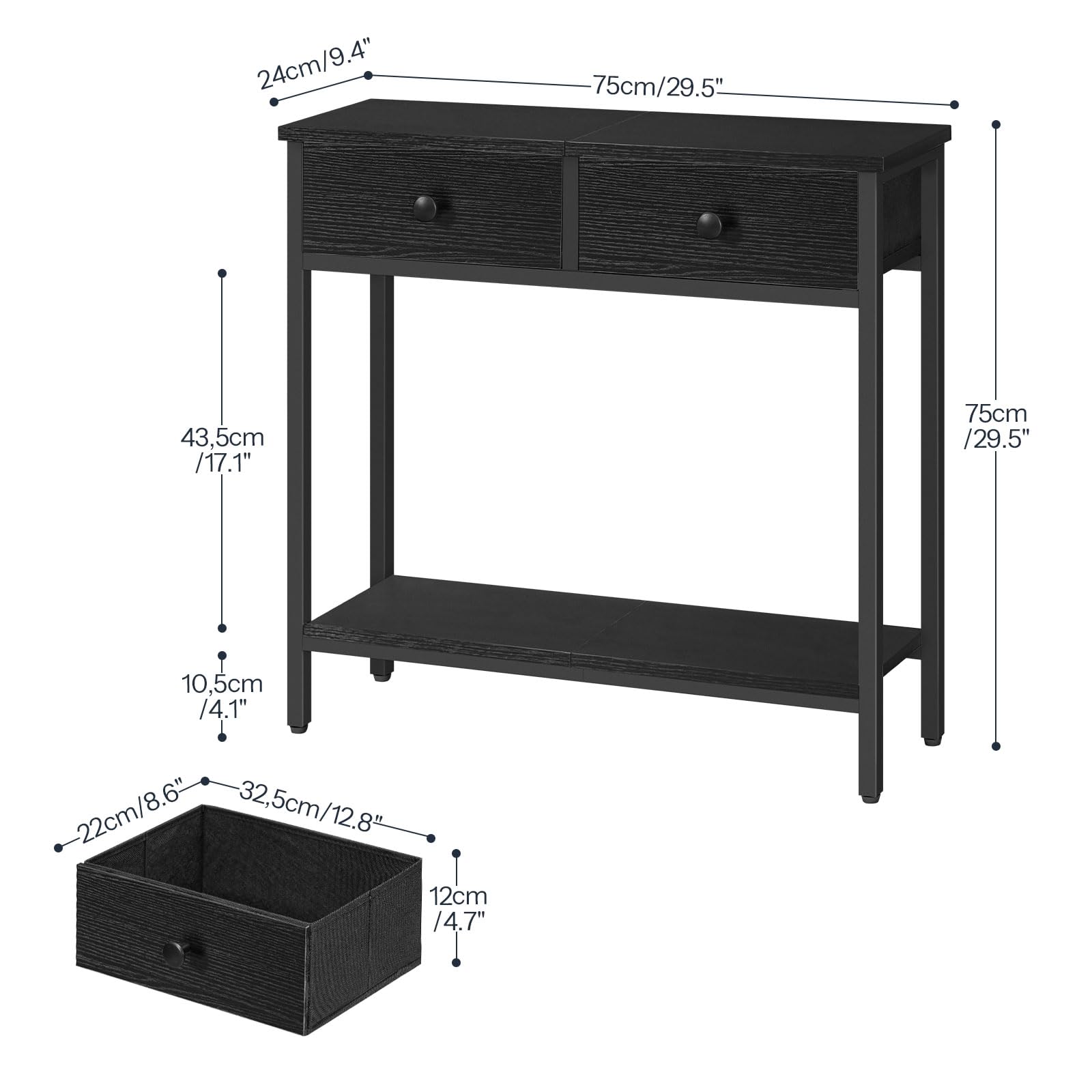 HOOBRO 29.5" Narrow Console Table with 2 Fabric Drawers, Small Entryway Table with 2-Tier Storage Shelves, Sofa Table, Behind Couch Table, for Living Room, Hallway, Black BB71XG01