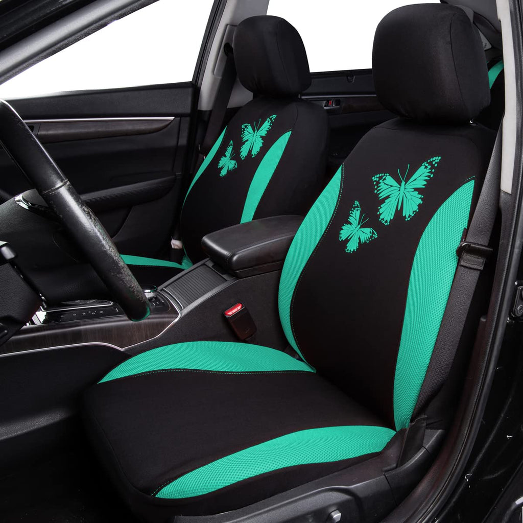 Flying Banner Butterfly car seat Covers ful Set Fashion Universal Lady Woman Female Rear Bench Split Colorized (2 Fronts, Mint Blue)