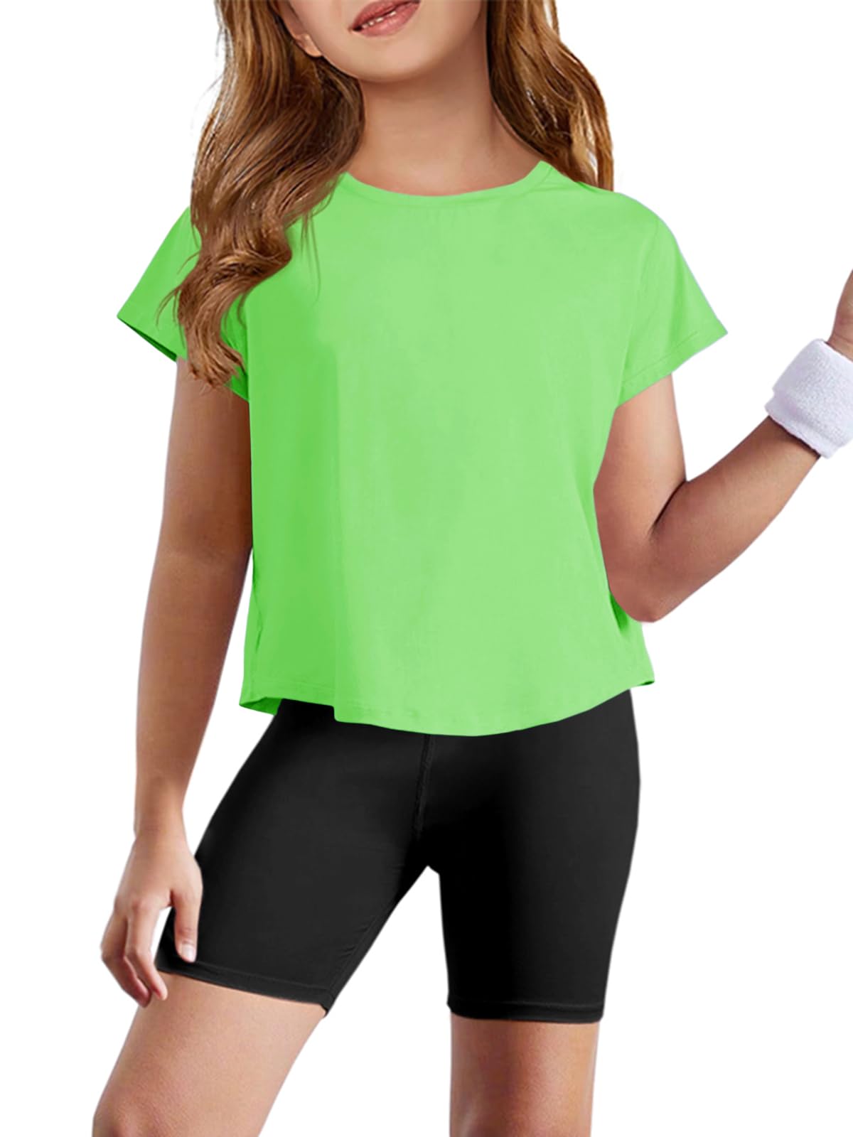 Haloumoning Girls Loose Athletic Shirts Short Sleeve Crop Tops Kids Quick Dry Gym Yoga Tees 5-14 Years