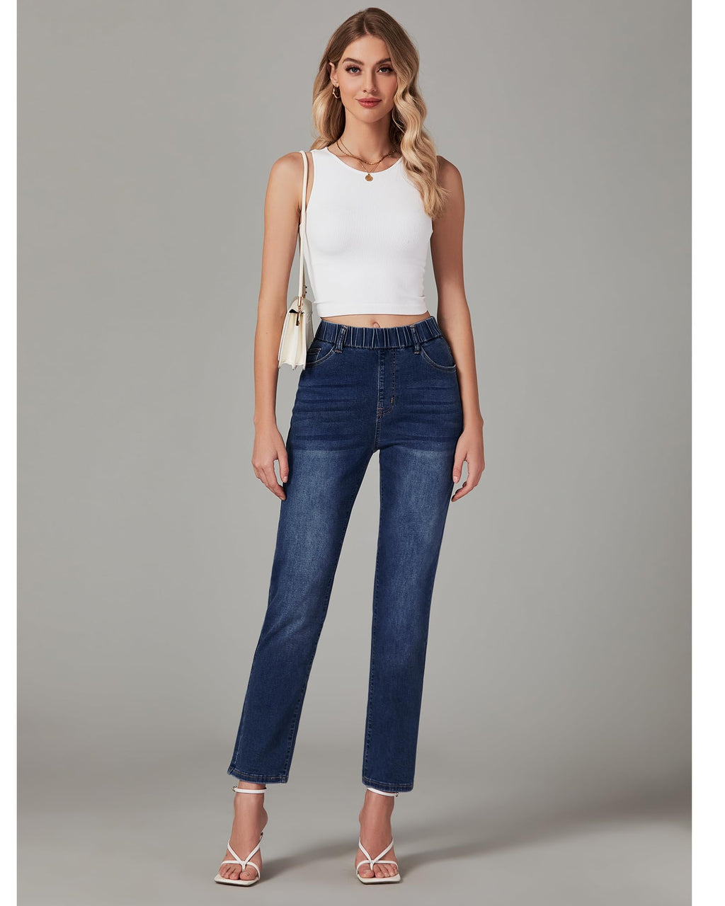 GRAPENT Straight Leg Jeans for Women Trendy Pull On High Waisted Cropped Elastic Waist Stretchy Denim Pants Ankle Jeans