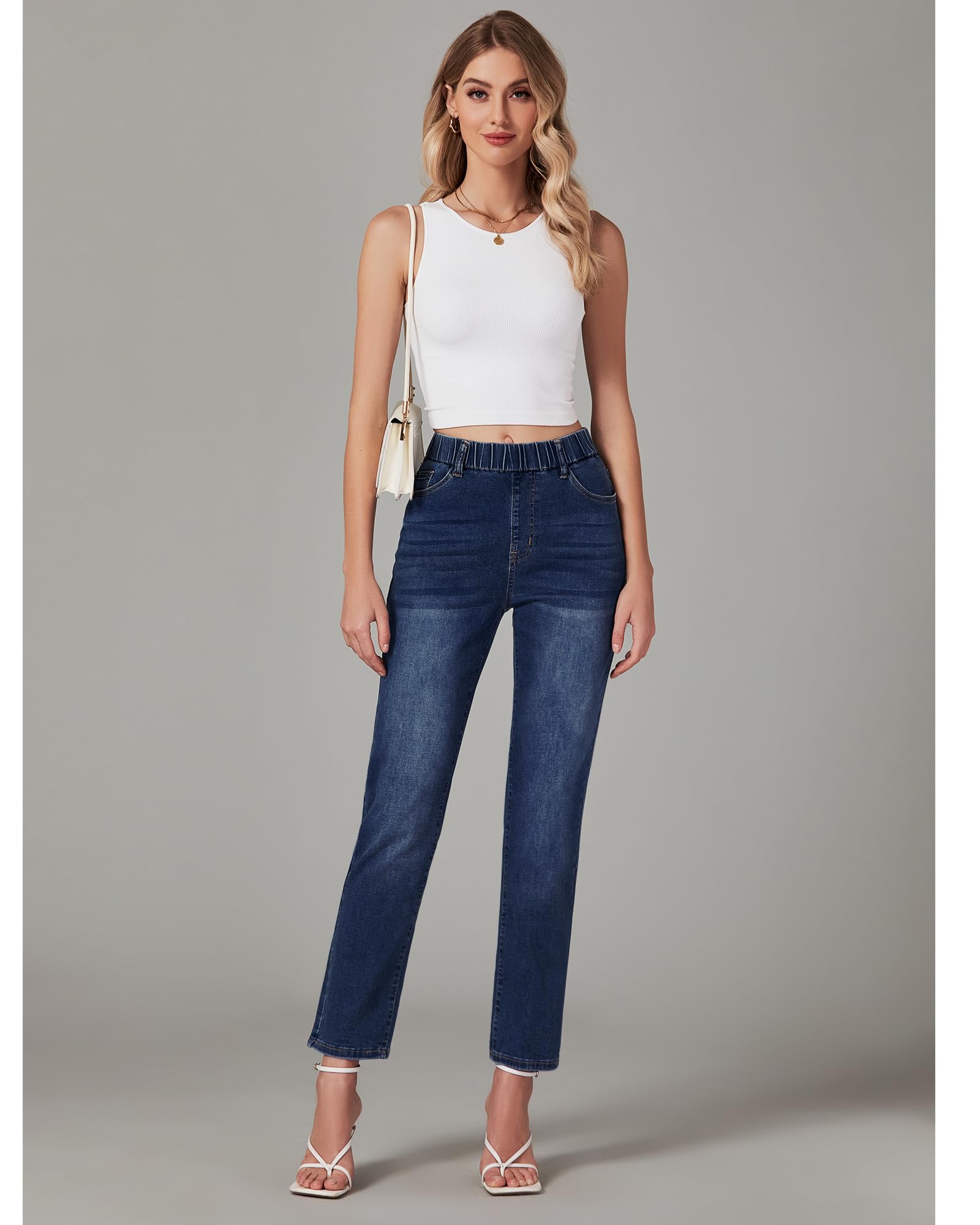 GRAPENT Straight Leg Jeans for Women Trendy Pull On High Waisted Cropped Elastic Waist Stretchy Denim Pants Ankle Jeans