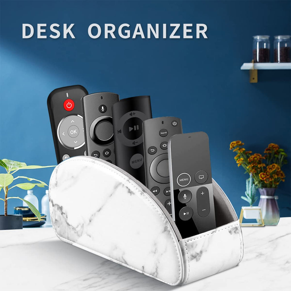 YAPISHI All-in-One Leather Brown TV Remote Holder with 5 Compartments Nightstand Desktop Media Player Remote Caddy Storage Box Organizer Tray for Mobile Office Phone Controller