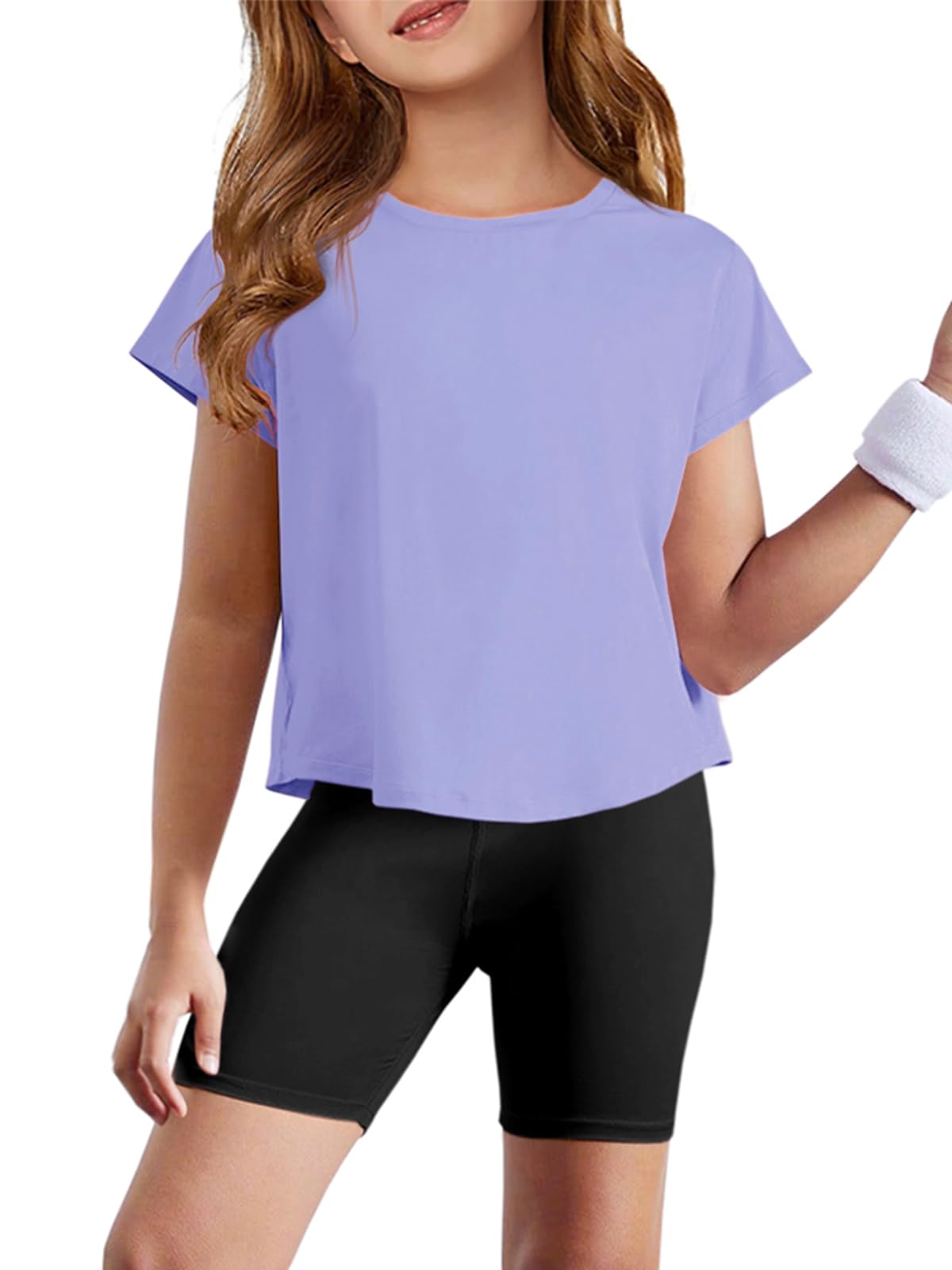 Haloumoning Girls Loose Athletic Shirts Short Sleeve Crop Tops Kids Quick Dry Gym Yoga Tees 5-14 Years