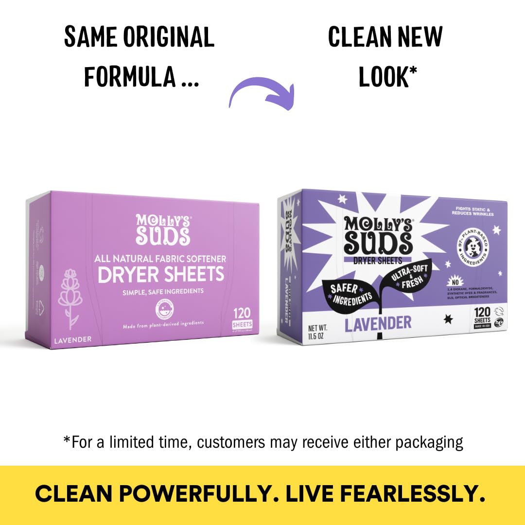 Molly's Suds Fabric Softener Dryer Sheets for Sensitive Skin | Plant-Based Static Reducer, Plastic-Free Packaging | Lavender (120 Sheets)