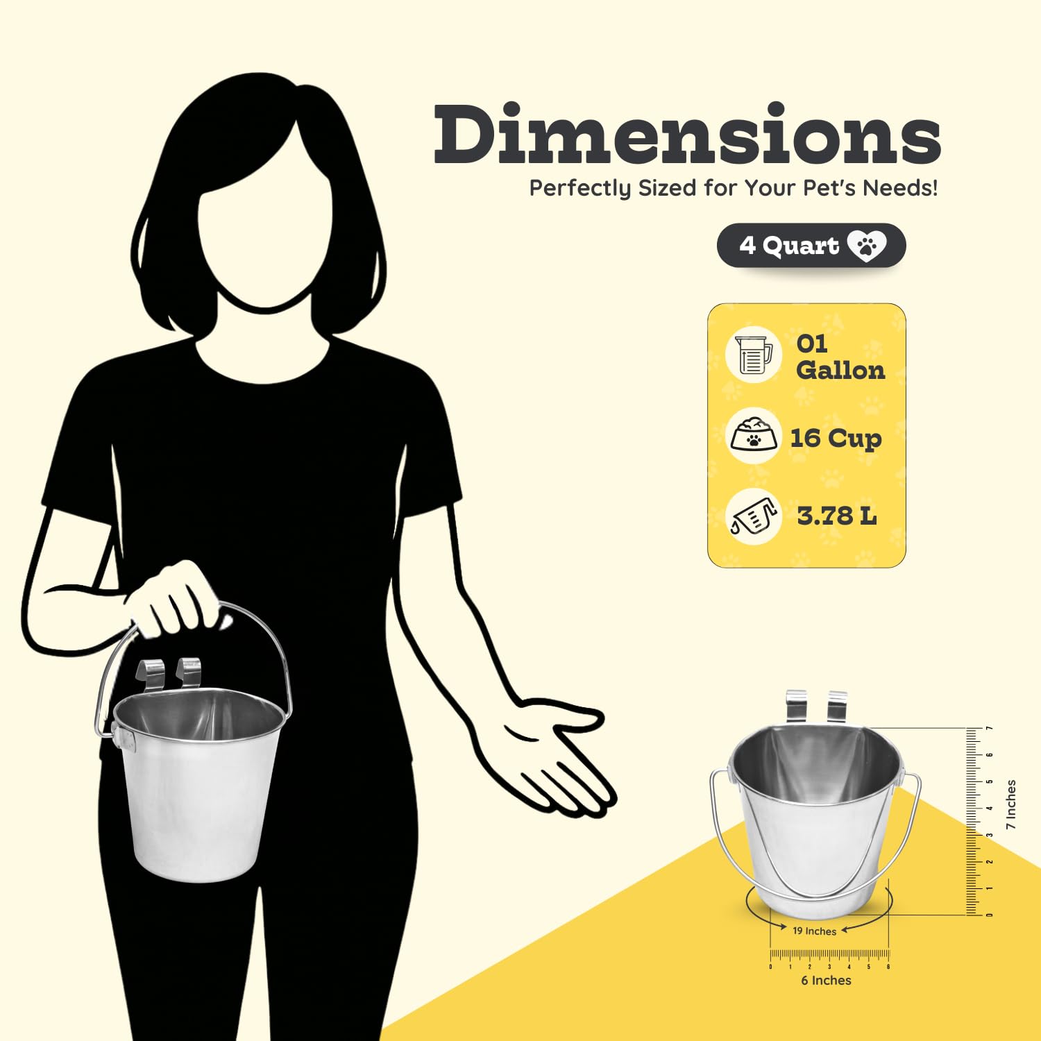 1 quart Stainless Steel Flat Sided Bucket with Dual Hooks | 0.25 gal Durable Food & Water Bowl for Dog Cat Bird & Small Animals | Fits kennel Cage Critter Crate | Hanging Utility Pet Pail