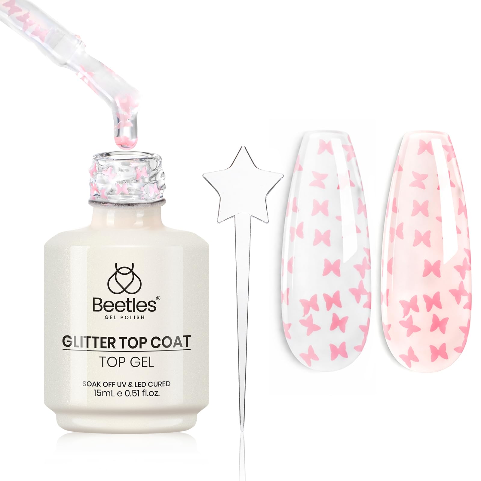 Beetles Heart Gel Top Coat 15ml - Hema Free Glitter Shine No Wipe Top Coat Long-Lasting for Gel Polish, Pink Heart Sparkle Soak Off UV LED Gift for Women