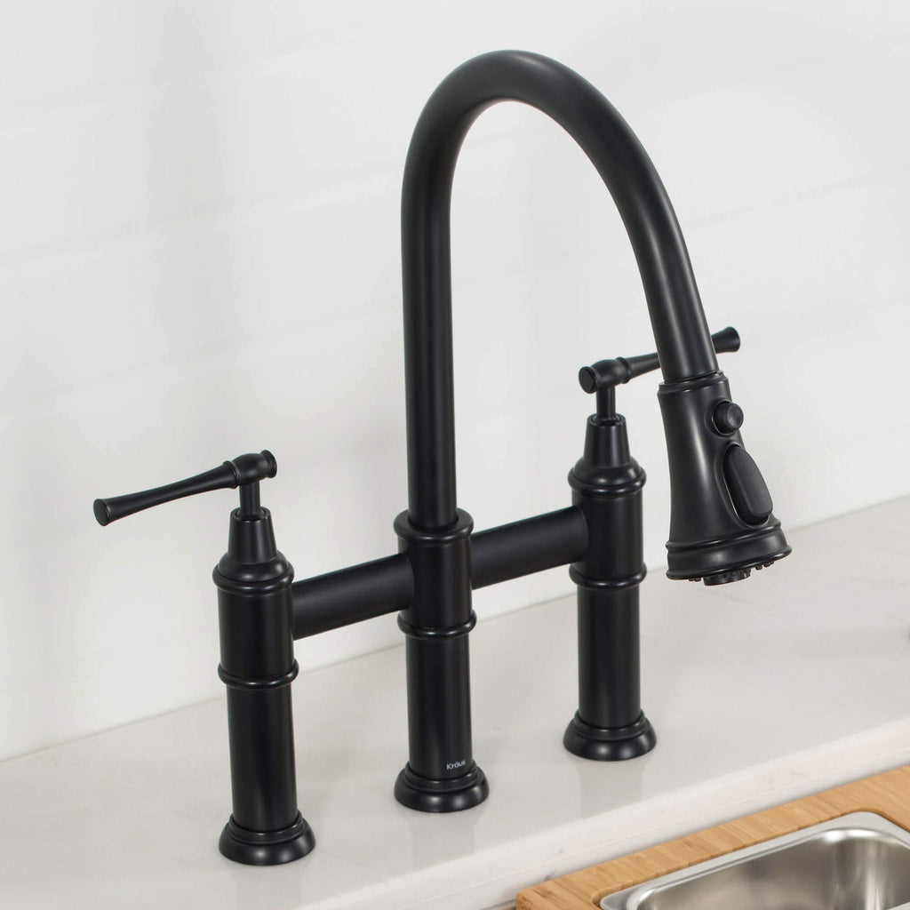 KRAUS Allyn Transitional Bridge Kitchen Faucet with Pull-Down Sprayhead in Brushed Gold, KPF-3121BG