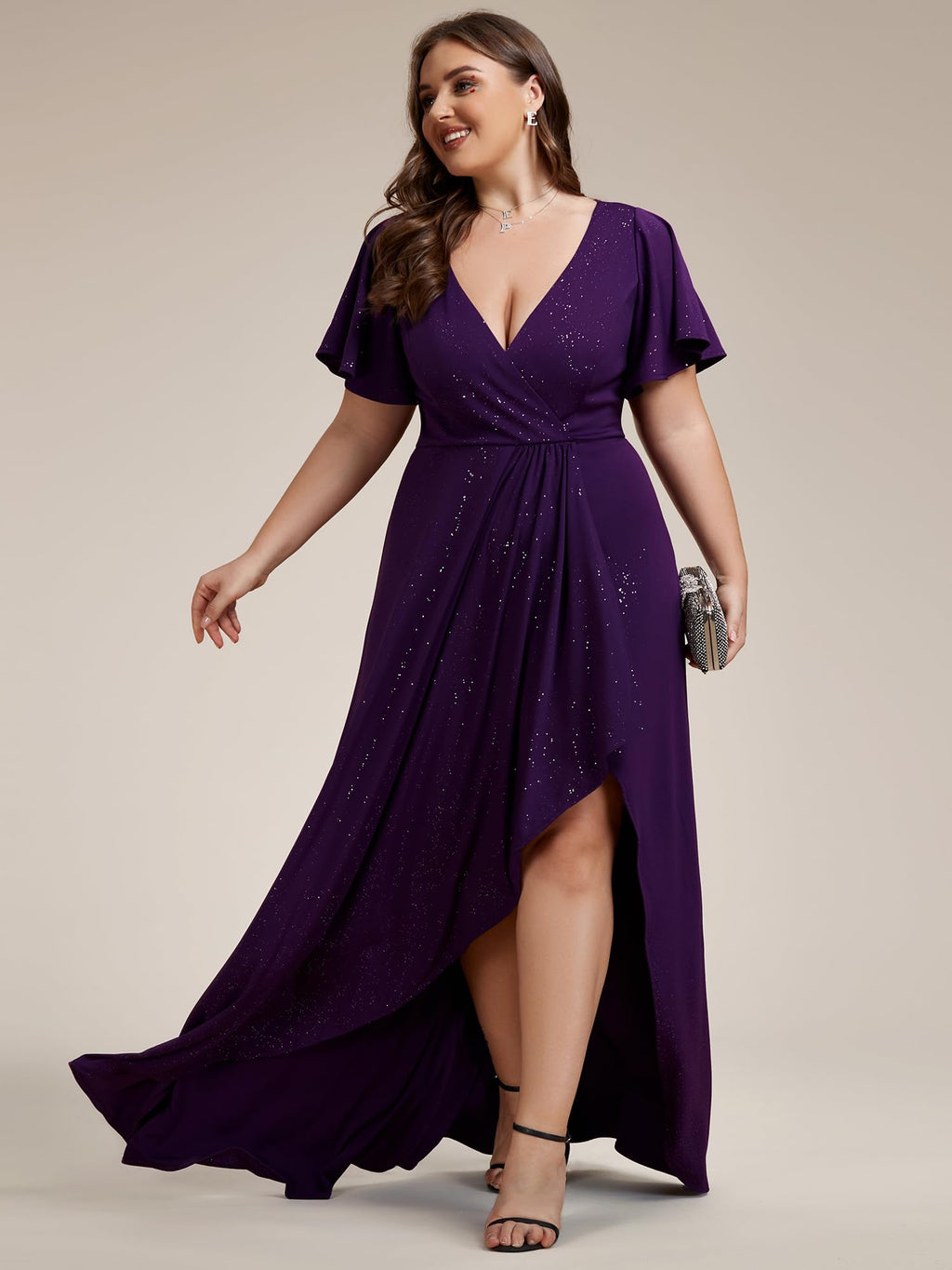 Ever-Pretty Glitter Formal Dresses for Cuvvy Women Plus Size A-line High Low Wedding Guest Gala Dress with Ruffles Sleeves