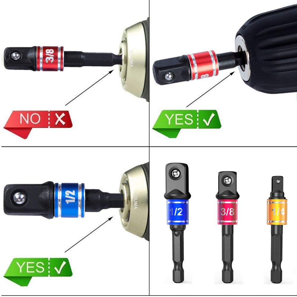 CIGOTU Impact Grade Power Hand Tools Driver Sockets Adapter Extension Set, 3Pcs 1/4 3/8 1/2" Hex Shank Drill Nut Driver Bit Set + 105 Degree Right Angle Driver Extension Screwdriver Drill Attachment