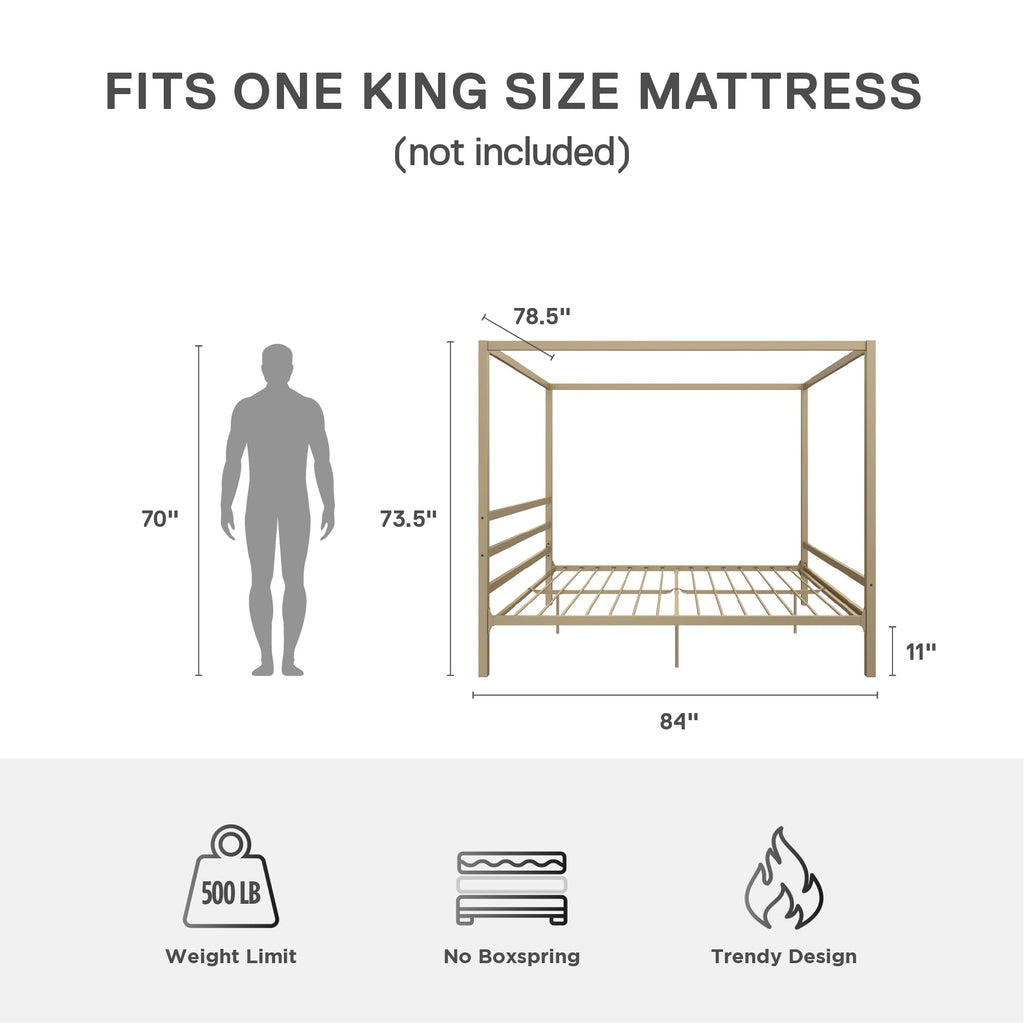 DHP King Metal Canopy Bed, Modern Design with Built-In Headboard, Sturdy Frame, No Box Spring Needed, Gunmetal Gray