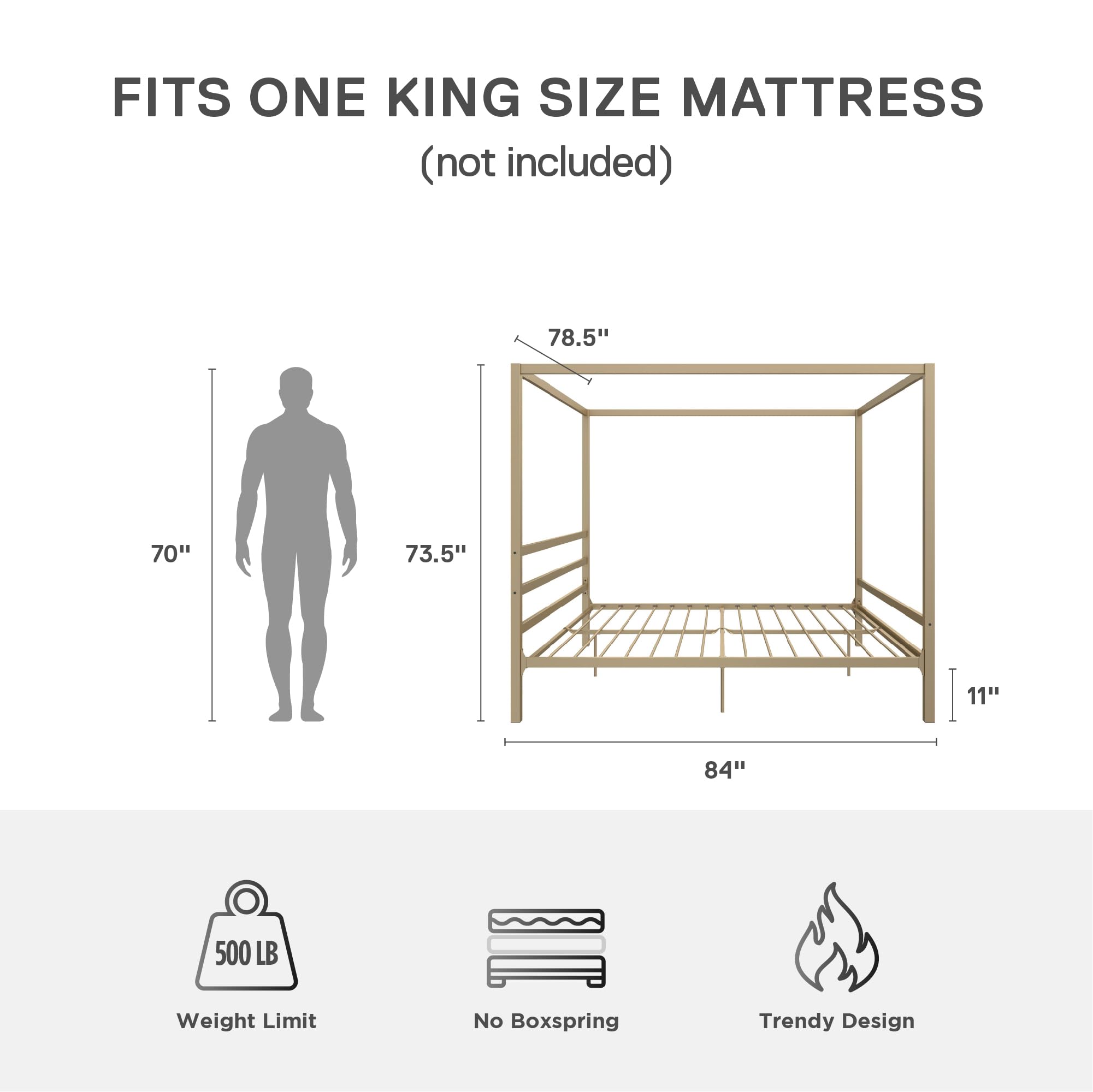 DHP King Metal Canopy Bed, Modern Design with Built-In Headboard, Sturdy Frame, No Box Spring Needed, Gunmetal Gray