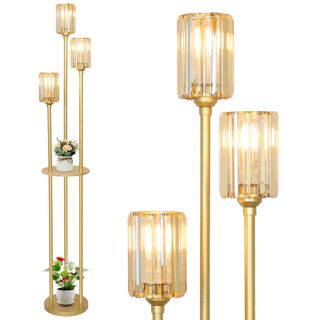HMVPL Gold Floor Lamps for Living Room, Modern Floor Lamp with Shelves, Crystal Standing Lamps with Table, Brass Tall Lamp with Crystal Shade, On/Off Switch, Mid Century Corner Floor Lamp for Bedroom