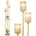 HMVPL Gold Floor Lamps for Living Room, Modern Floor Lamp with Shelves, Crystal Standing Lamps with Table, Brass Tall Lamp with Crystal Shade, On/Off Switch, Mid Century Corner Floor Lamp for Bedroom